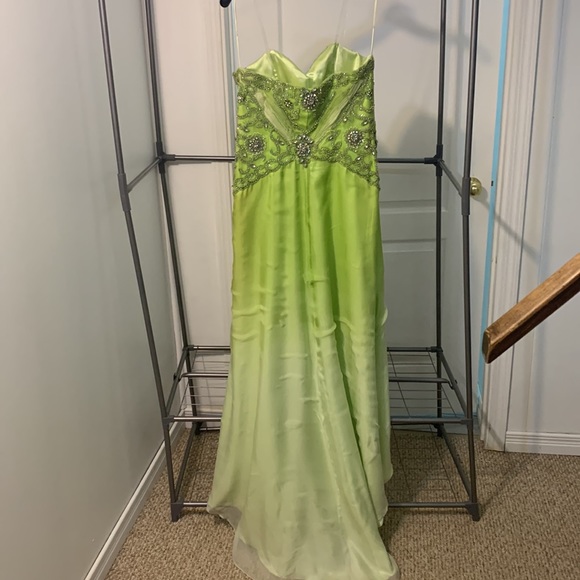 Lime Green Gem Embellished High Low Ombre Dress with slight train - Picture 4 of 9